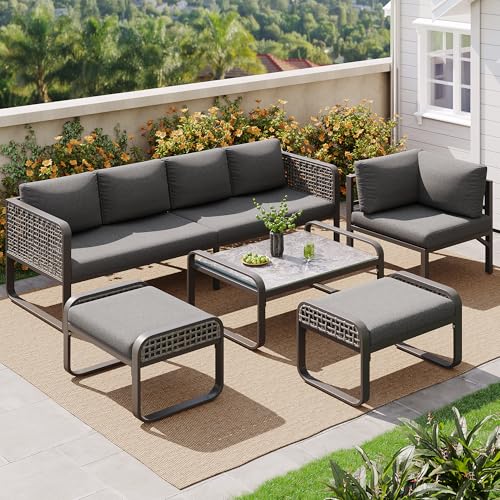 Zepneiy Gartenmöbel Set für 6-7 Personen, Lounge Möbel Outdoor mit 2 Großes Sofa 1 kleines Sofa 2 Sofabankund 1Tisch, Balkonmöbel Gartensofa aus Rattan, Grau von Zepneiy