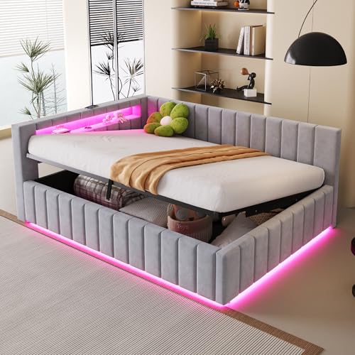 Zepneiy Gepolstertes Schlafsofa, 140 x 200 cm, mit hydraulischem Stauraum, mit LED-Licht und USB-Ladeanschluss, Velours, mit Rückenlehne und Kopfteil, Hellgrau (Matratze nicht im Lieferumfang von Zepneiy
