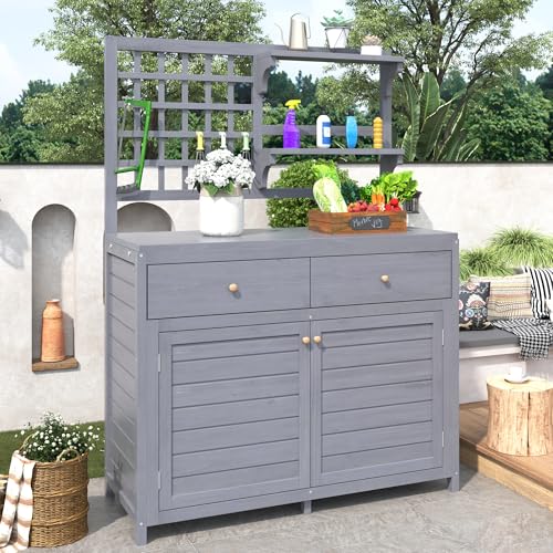 Zepneiy Gerätehaus Geräteschuppen mit Regalen, Gartenbox mit Eine Werkbank, Gartenbox wasserdicht Outdoor Schrank, Gartenhütte Gerätehäuser 141,5x44x105cm Grau von Zepneiy