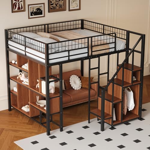 Zepneiy Hochbett 140 x 200 cm, Regale und Treppe mit Stauraum, Metallbett, multifunktional, Schwarz (Matratze nicht im Lieferumfang enthalten) von Zepneiy