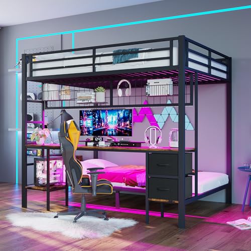 Zepneiy Hochbett 140x200 mit 7 Farbiger LED und USB Steckdose, Kinderbett Hochbett mit Schreibtisch und Schubladen, Jugendbett Doppelbett mit Leiter und Geländer,Schwarz(Ohne Matratze) von Zepneiy
