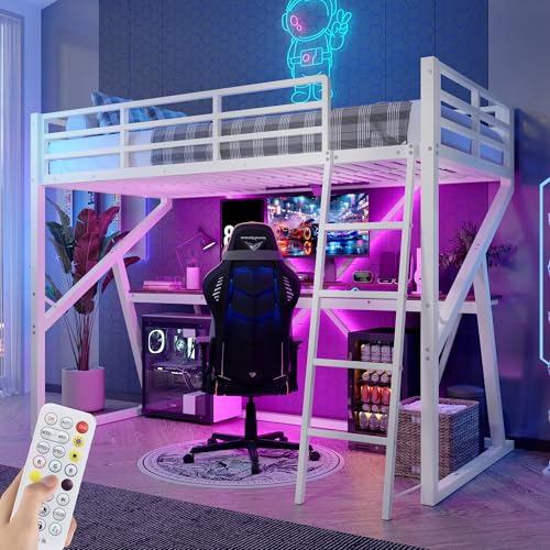 Hochbett 90x200 mit LED Leiste, Kinderbett Hochbett mit Schreibtisch, Jugendbett Einzelbett mit Leiter und Geländer, Weiß(Ohne Matratze) von Zepneiy