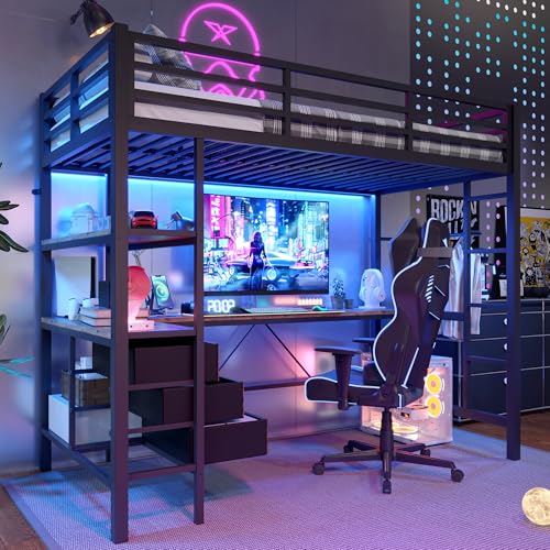 Hochbett 90x200 mit LED Leiste und 3 Schubladen, Kinderbett Hochbett mit Schreibtisch und Steckdose USB, Jugendbett Einzelbett mit Leiter und Geländer, Schwarz(Ohne Matratze) von Zepneiy