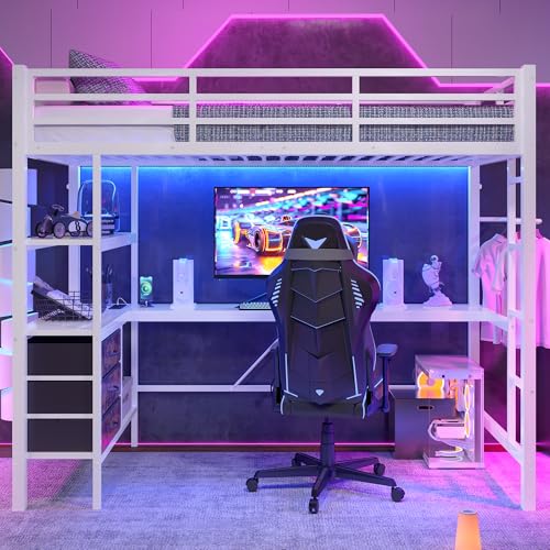 Hochbett 90x200 mit LED Leiste und 3 Schubladen, Kinderbett Hochbett mit Schreibtisch und Steckdose USB, Jugendbett Einzelbett mit Leiter und Geländer, Weiß(Ohne Matratze) von Zepneiy