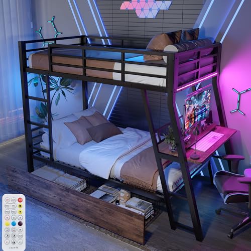 Hochbett 90x200 mit LED Leiste und Schubladen, Kinderbett Hochbett mit Schreibtisch, Jugendbett Einzelbett mit Leiter und Geländer, Schwarz (Ohne Matratze) von Zepneiy