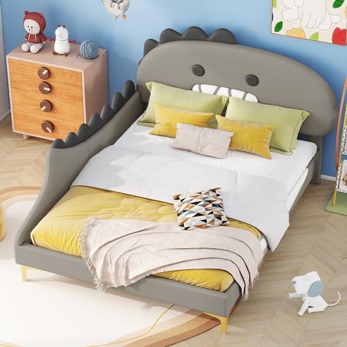 Zepneiy Kinderbett 140x200 Form Cartoon Dinosaurier Form, Flachbett aus PU Grau (Ohne Matratze) von Zepneiy