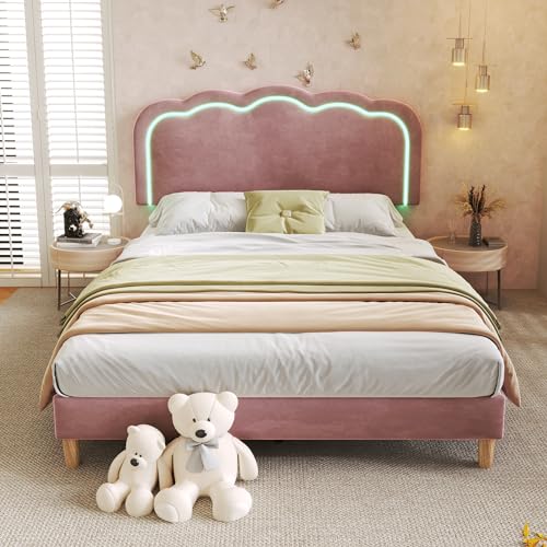 Zepneiy Kinderbett 140x200 mit LED, Gepolstertes Bett 140x200 mit Verstellbares Kopfteil, Jugendbett Doppelbett Lattenrost und Rückenlehne, Bettgestell Aus Linen Rosa(Ohne Matratze) von Zepneiy
