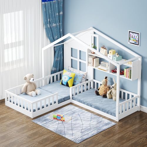 Zepneiy Kinderbett 90 x 200 cm (140 x 70 cm), Form Haus mit Kamin und Fenster, mit Regalen, Bettrahmen mit Sicherheitstür und Lattenrost, weiß (Matratze nicht im Lieferumfang enthalten) von Zepneiy