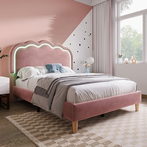 Kinderbett 90x190 mit LED, Gepolstertes Bett 90x190 mit Verstellbares Kopfteil, Jugendbett Einzelbett Lattenrost und Rückenlehne, Bettgestell Aus Samt Rosa (Ohne Matratze) von Zepneiy