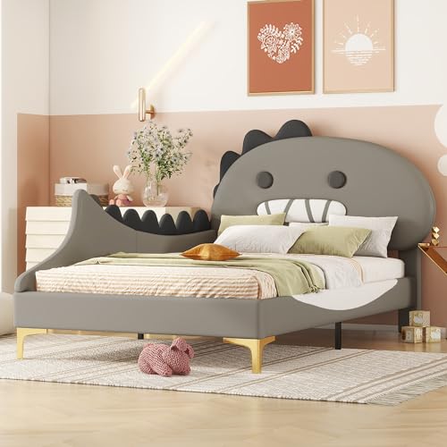 Zepneiy Kinderbett 90x200 Form Cartoon Dinosaurier Form, Flachbett aus PU Grau (Ohne Matratze) von Zepneiy
