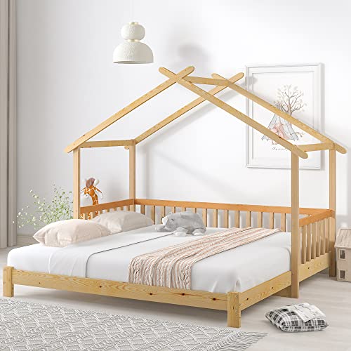 Zepneiy Kinderbett 90x200 mit Geländerdesign, Bett 90x200 cm mit Dachform Wird, Einzelbett Erweiterbares Baumhausbet aus Reines Massivholz Natur (Ohne Matratze) von Zepneiy