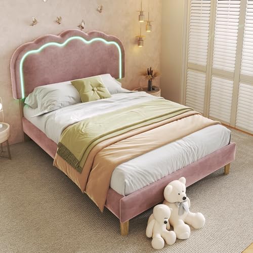 Zepneiy Kinderbett 90x200 mit LED, Gepolstertes Bett 90x200 mit Verstellbares Kopfteil, Jugendbett Einzelbett Lattenrost und Rückenlehne, Bettgestell Aus Samt Rosa (Ohne Matratze) von Zepneiy