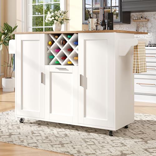 Zepneiy Kücheninsel mit abnehmbaren Trennwänden (138 x 43 x 92 cm), Servierwagen mit Arbeitsplatte aus Holz, Buffet mit Flaschenhalter und seitlicher Handtuchhalter, weiß von Zepneiy