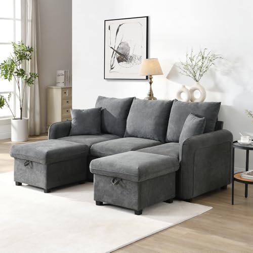 Zepneiy Multifunktionales Ecksofa, 3-Sitzer-Sofa in U-Form, mit Schubladen zur Aufbewahrung, mit Schlaffunktion, modular und abnehmbar, Chenille-Stoff, Dunkelgrau von Zepneiy