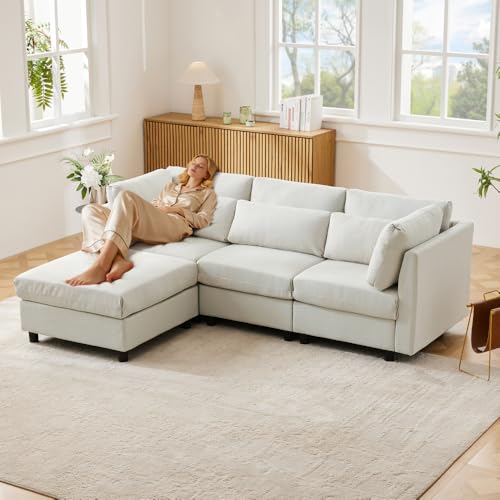 Zepneiy Schlafsofa, 3-Sitzer in L, ausziehbares Ecksofa mit Fußstütze, geeignet für Wohnzimmer Appt (Beige A) von Zepneiy