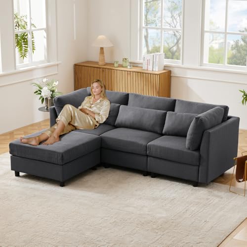 Zepneiy Schlafsofa, 3-Sitzer in L, ausziehbares Ecksofa mit Fußstütze, geeignet für Wohnzimmer Appt (Grau A) von Zepneiy