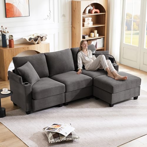 Zepneiy Schlafsofa, 3-Sitzer in L, ausziehbares Ecksofa mit Fußstütze, geeignet für Wohnzimmer Appt (grau) von Zepneiy