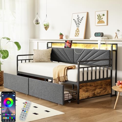 Zepneiy Schlafsofa 90x200 mit LED und Ablagen, Daybett mit Schubladen und Multifunktionssteckdosen, Eisenbettsofa Bettgestell Schwarz (Ohne Matratze) von Zepneiy