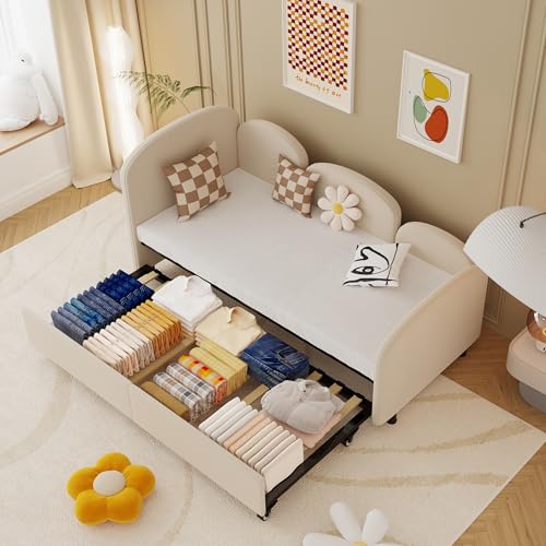 Zepneiy Schlafsofa 90x200 mit Storage Drawers, Polsterbett mit Lattenrost, Kindbed Frame Aus Samt Beige(Ohne Matratze) von Zepneiy
