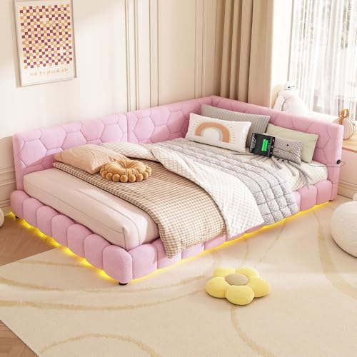 Zepneiy Schlafsofa für Doppelbett, 140 x 200 cm, mit LED, 16 Farben und USB C, gepolstertes Doppelbett mit Lattenrost, Rahmen 140 x 200 cm, bequemes Material Fleeceimitat, Rosa (ohne Matratze) von Zepneiy