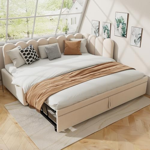 Zepneiy Schlafsofa in L-Form (90/180 x 200 cm), Blumenmotiv, mit Rückenlehne, mit Ausziehbett, Samt, Beige (Matratze nicht im Lieferumfang enthalten) von Zepneiy