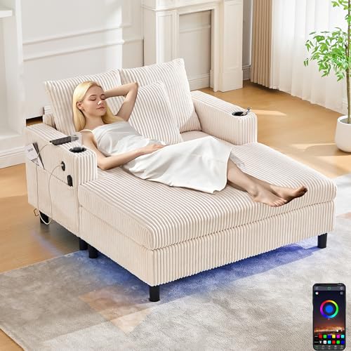 Zepneiy Sofa Chaiselongue mit Schlaffunktion, Polstermöbel Loungesessel mit USB und LED, Wohnzimmer Möbel mit seitlichen Getränkehaltern, Schlafsofa für Wohnzimmer Schlafzimmer Villa, Beige von Zepneiy