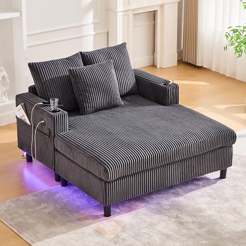Zepneiy Sofa Chaiselongue mit Schlaffunktion, Polstermöbel Loungesessel mit USB und LED, Wohnzimmer Möbel mit seitlichen Getränkehaltern, Schlafsofa für Wohnzimmer Schlafzimmer Villa, Dunkelgrau von Zepneiy