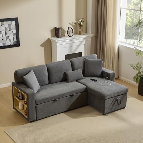 Zepneiy Sofa mit Schlaffunktion, Big Sofa 3 Sitzer Sofa L Form mit USB und integriertem Regal, Polstermöbel Schlafcouch Ausziehbar mit Bettkasten, Wohnzimmer Möbel Schlafsofa, Dunkelgrau von Zepneiy