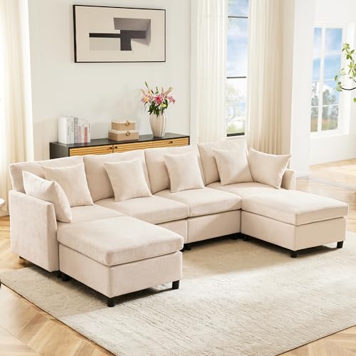 Zepneiy Sofa mit Schlaffunktion, Big Sofa 3 Sitzer Sofa U Form Modernes Design, Polstermöbel Loungesessel mit abnehmbarem Fußhocker, Wohnzimmer Möbel Schlafsofa für Zuhause, Chenille Beige von Zepneiy