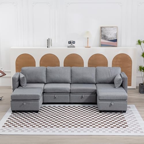 Zepneiy Sofa mit Schlaffunktion, Big Sofa 6 Sitzer U Form Modernes Design, Polstermöbel Loungesessel mit Stauraum und klappbare Armlehnen, Wohnzimmer Möbel Schlafsofa für Wohnzimmer Villa, Linen Grau von Zepneiy