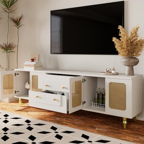 Zepneiy TV-Schrank im Retro-Stil mit goldfarbenen Griffen und Metallbeinen, Stauraum mit Türen aus Rattan, weiß von Zepneiy