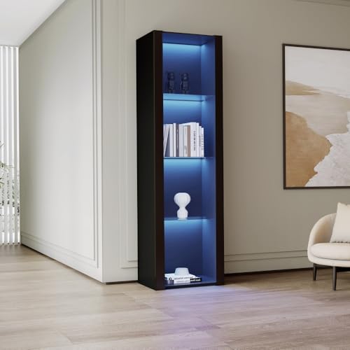 Zepneiy Vitrine Hochglanz 55 × 38 × 166 cm, Aufbewahrungsmöbel mit LED-Beleuchtung, mit 3 Fächern aus Glas, vertikales Möbelstück, Schwarz von Zepneiy