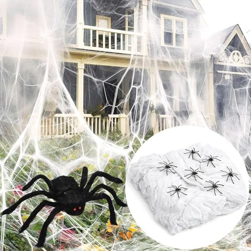 Halloween Spinnennetz Deko, 350g Dehnbare Spinnennetze + Eine große Spinne + 60 Stück Mini Spinnen, Perfekt für Innen/Außen, Garten, Tür Fenster Kamin Häuser &Halloween Deko Party von Zepphi