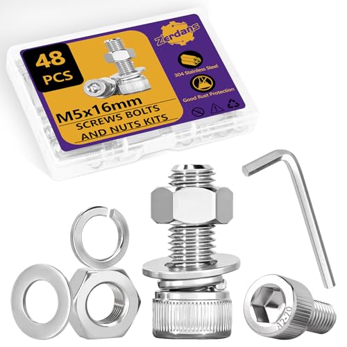 48 Stk M5 Schrauben Set, M5x16mm Sechskantschrauben Muttern Set, Edelstahl Zylinderschrauben Innensechskant Schrauben mit Muttern und Unterlegscheiben Set, Maschinenschrauben Gewindeschrauben Sortimen von ZerDans