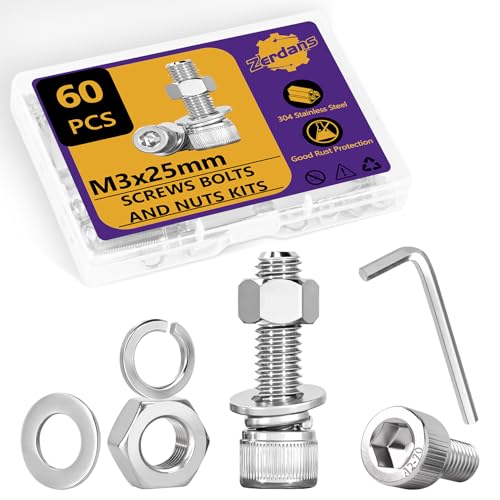 60 Stk M3 Schrauben Set, M3x25mm Sechskantschrauben Muttern Set, Edelstahl Zylinderschrauben Innensechskant Schrauben mit Muttern und Unterlegscheiben Set, Maschinenschrauben Gewindeschrauben Sortimen von ZerDans