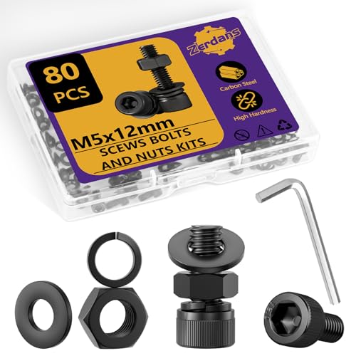 80 Stk M5 Schrauben Set, M5x12mm Sechskantschrauben Muttern Set, 12.9 Grade Kohlenstoffstahl Zylinderschrauben Innensechskant Schrauben Set,Innensechskantschrauben für Möbelreparatur DIY von ZerDans