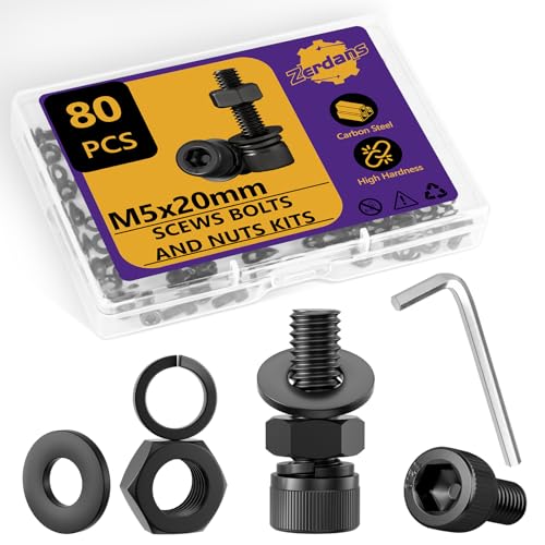 80 Stk M5 Schrauben Set, M5x20mm Sechskantschrauben Muttern Set, 12.9 Grade Kohlenstoffstahl Zylinderschrauben Innensechskant Schrauben Set,Innensechskantschrauben für Möbelreparatur DIY von ZerDans