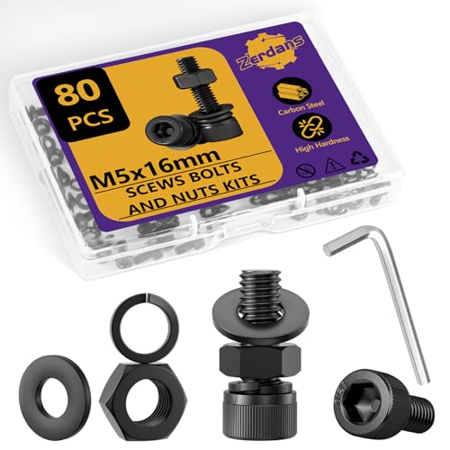 80 Stück M5 Metrische sechskant schrauben und Muttern Sortiment Set, M5x16mm 12.9 Grade Kohlenstoffstahl innensechskant Schloss & Unterlegscheiben mit 1 Inbusschlüssel für 3D Druck Projekte (20Set) von ZerDans