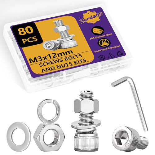 80Stk M3 Schrauben Set, M3x12mm Sechskantschrauben Muttern Set, Edelstahl Zylinderschrauben Innensechskant Schrauben mit Muttern und Unterlegscheiben Set, Maschinenschrauben Gewindeschrauben Sortiment von ZerDans