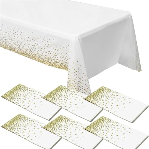 6 Stück Gold Punkte Tischdecken für rechteckige Tische, 54 "x 108" weiße Plastiktischdecken für den Tisch, Einweg wasserdichte Einweg-Tischdecke Punkt Konfetti Tischtuch für Geburtstagsfeiern von ZeriTlolen