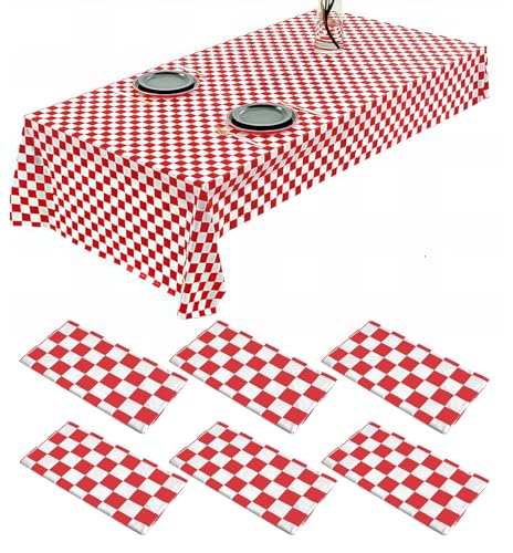 Rechteckige Einweg-Tischdecke aus Kunststoff, wasserdicht, Schachbrett-Tischdecken für Party, Geburtstag, Picknick, Babyparty, Valentinstag, 274,3 x 137,2 cm, Rot und Weiß kariert, 6 Stück von ZeriTlolen