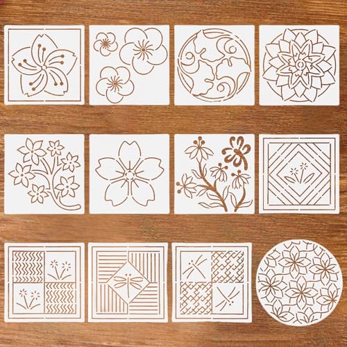 Zernblend 12 Stück Sashiko Stencil Set, Scrapbooking Handwerk Deko,Große Stickvorlagen, Handquilten, Prägeschablonen (5,5 x 5,5 Zoll) von Zernblend