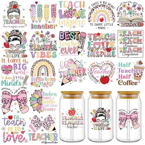 Zernblend 20 Stück UV-DTF-Becherfolien zum Lehrertag für 16 oz Glasbecher, DTF Transferfolie, Transferaufkleber, Pink Stuff von Zernblend