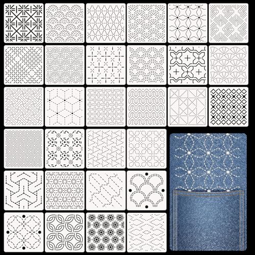 Zernblend 30 Stück Sashiko Stencil Set, 4.7 X 4.7 Zoll Plastikschablonen für Geometrische Muster, Handquilten, Nähen Und Textilgestaltung, Buchstaben Schablone, Prägeschablonen von Zernblend
