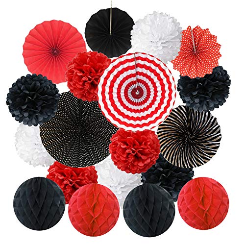 ZERODECO 19 Stück Seidenpapier Pompoms, Papier Fans Fächer und Wabenbälle Dekorpapier Kit für Geburtstag Hochzeit Baby Dusche Parteien Hauptdekorationen - Rot und Schwarz von ZERODECO