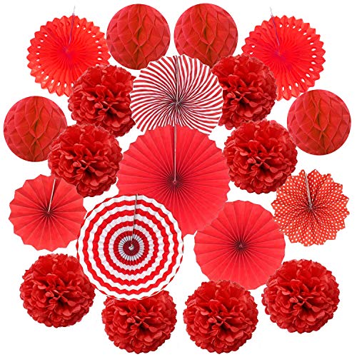 ZERODECO 20 Stück Seidenpapier Pompoms, Papier Fans Fächer und Wabenbälle Dekorpapier Kit für Geburtstag Hochzeit Baby Dusche Parteien Hauptdekorationen - Rot von ZERODECO