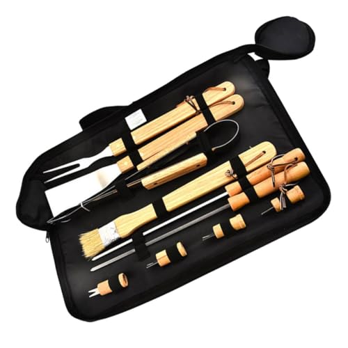 Zerodeko 1 Satz Camping Grillbesteck Set Teiliges BBQ Grillwerkzeug mit Tragbarer Tasche und Holzgriff Geeignet für Outdoor Camping Picknick und Grillpartys von Zerodeko