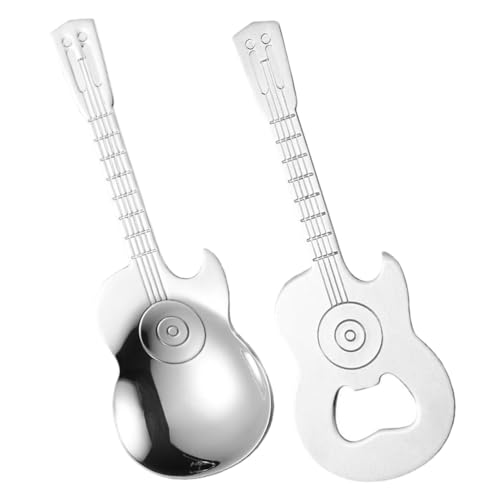 Zerodeko 1 Set Dessertlöffel in Gitarrenform, Kaffee-Teelöffel, Edelstahllöffel, magnetischer Flaschenöffner, süßer Demitasse-Teelöffel zum Umrühren von Getränken und zum Mischen von Marmelade von Zerodeko