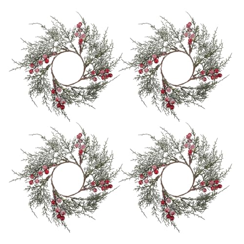 Zerodeko 4 Stück Weihnachtskerzenringe: Rote Beeren-Kerzenringe – beflockter Weihnachtsteelichthalter aus Kiefernholz für Weihnachtshochzeits-Esstischdekorationen von Zerodeko