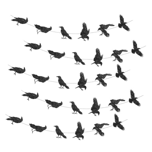 Zerodeko 5 Stück Teiliges Schwarzes Glitzer-ulmenpapier-Girlande Halloween-Dekoration mit Vogelbanner Leichter Papiergirlande für Party Fenster und Kamin Verstärkt Gruselige von Zerodeko
